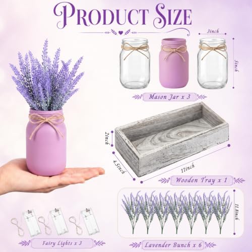 Unittype 3 Pack Lavender Mason Jars Centerpiece for Table Purple Mason Jars