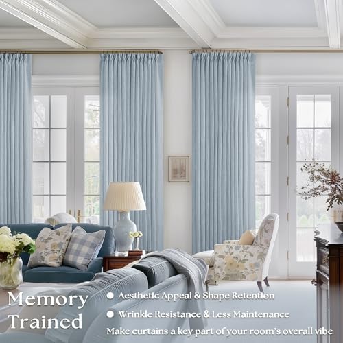 TWODRAPES Dusty Blue 80 Inch Pinch Pleated Linen Curtains 2 Panels Set