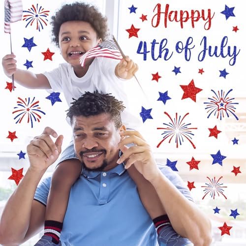 Whaline 6 Sheets Patriotic Window Clings Glitter Happy 4th of July Reusable Window Decals Red Blue Star Firework Glass Sticker for 250th Anniversary Independence Day Memorial Day Home Party Decor