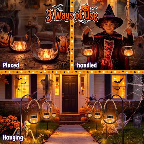 Solar Lantern with Flickering Flame, 4 Pack Solar Halloween Lights