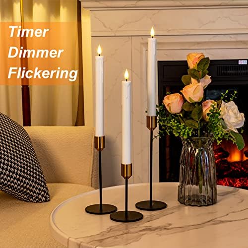 Homemory 3 Pcs Flameless Taper Candles with Remote Timer Dimmer, 9.6" White Flickering Candlesticks Battery Operated, Realistic Plastic LED Candles for Fireplace Wedding Seasonal Indoor Decorations