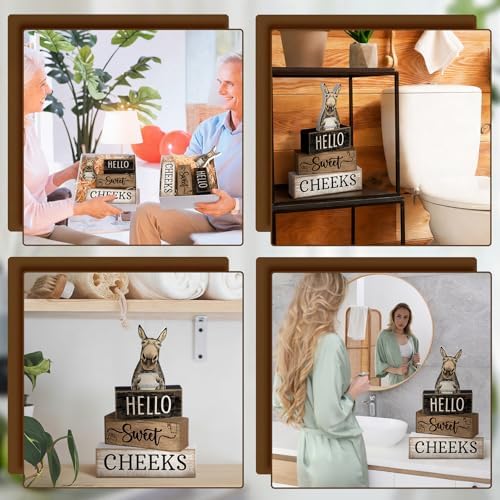 Moucuny 4 Pcs Hello Sweet Cheeks Bathroom Decor Wooden Signs Donkey