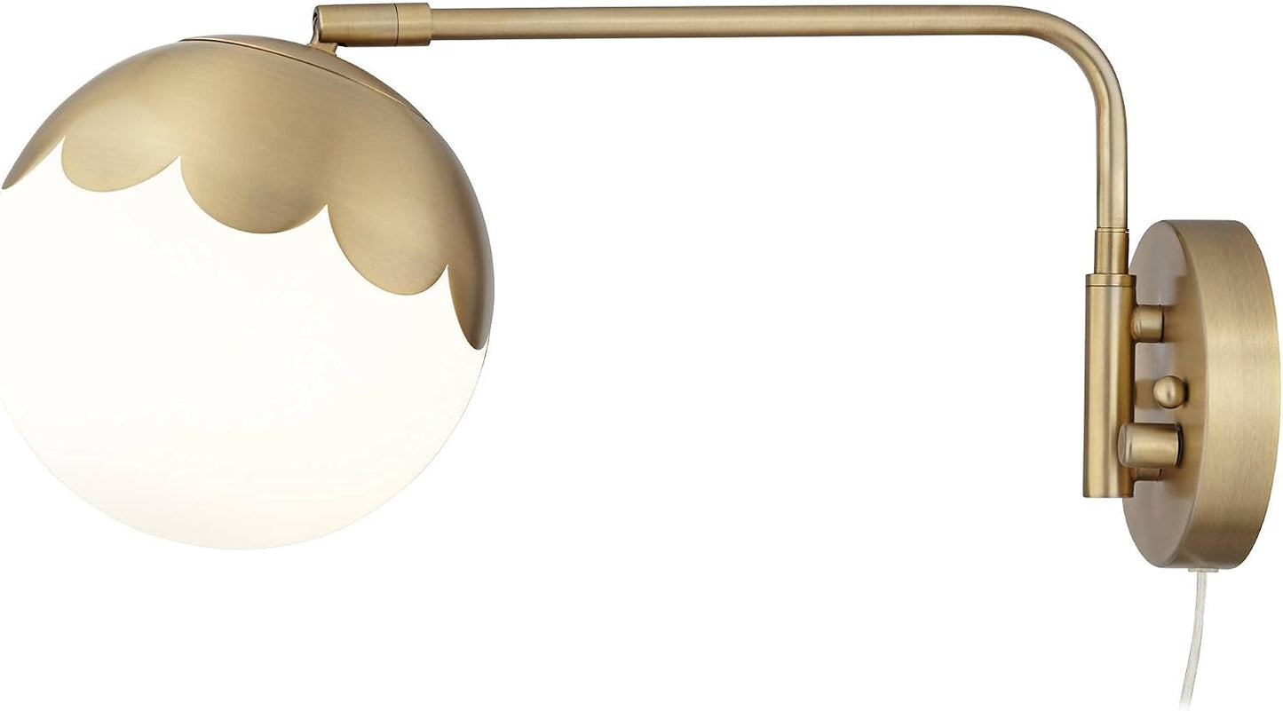 Camila 8 1/4" Brass and Glass Globe Plug-In Modern Wall Lamp Light Fixture | Indoor Swing Arm Antique Metal Dimmable