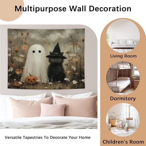 WHCHJ Halloween Ghost and Black Cat Tapestry, Gothic Witchy Cat Tapestry Wall Hanging, Whimsical Wildflower Spooky Tapestries Wall Blanket Decor for Party Home Bedroom Living Room Dorm, 50x60 Inch