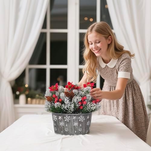Christmas Centerpiece Table Decorations, Artificial Norfolk Pine with Poinsettia Flowers, Pine Cones & Berries in Metal Planter, Dining Table & Coffee Table Centerpiece for Christmas Décor, 1-Pack