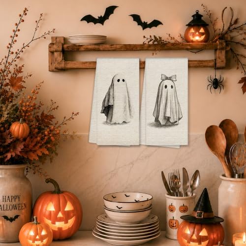 Neutral Halloween Ghost Kitchen Towels, Rustic Farmhouse Halloween Hand Towels for Bathroom Decor, Cute Spooky Ghost Dishcloths Dish Towel for Kitchen 16x24 Inches Set of 2