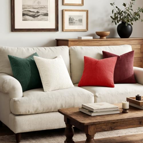 MIULEE Corduroy Decorative Throw Pillow Covers Christmas Red White 18x18