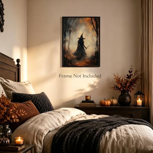 ILLBDR Halloween Witch with Broomstick Canvas Wall Art Poster 16x24 inch