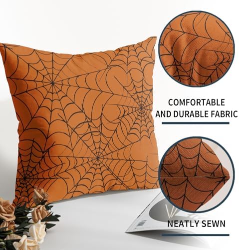 Halloween Spiderweb Pillow Covers 22x22 Set of 2 Burnt Orange Black Web Outdoor Decorative Throw Pillows Halloween Scary Themed Farmhouse Pillowcases Linen Cushion Case Decor for Home Sofa Couch Bed