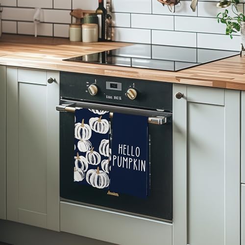 Fall Hello Pumpkin Kitchen Towels and Dishcloths Sets of 2, Navy Blue Pumpkin Fall Decor Decorations Dish Hand Tea Towels Gifts for Bathroom Kitchen, Autumn Aesthetic Fall Decor, 16x24 Inch