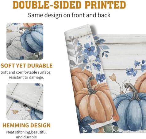 Autumn Placemats Blue Pumpkin Fall Place Mat Eucalyptus Leaves Floral Wood Grain Table Mats Thanksgiving Harvest Linen Placemat Party Kitchen Dining Decoration 12x18 Inch Set of 4