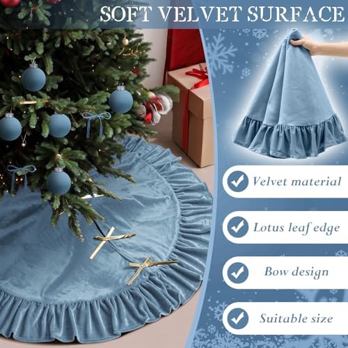 Velvet Christmas Tree Skirt, 48 Inches, Bow Style, Haze Light Blue