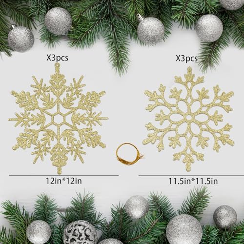 6pcs Large Gold Snowflakes Ornaments 12" Big Plastic Glitter Snowflake for Winter Indoor Outdoor Christmas Tree Window Room Decorations Giant Craft Snowflakes