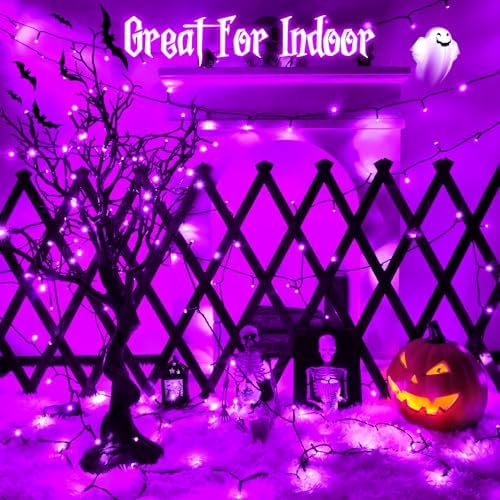 Purple Lights Halloween Lights String Total 100LED Battery Operated Outdoor 8 Modes with Timer 16.4Ft*2, 50LED*2 Waterproof Indoor for Halloween Decor, Purple, 2-Pack