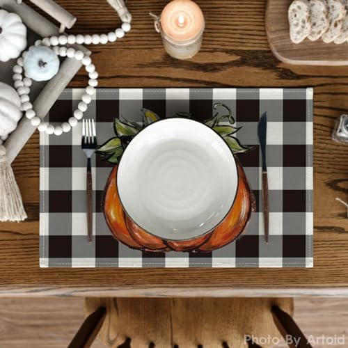 Artoid Mode Buffalo Plaid Pumpkin Fall Placemats Set of 4, 12x18 Inch Seasonal Autumn Table Mats for Party Kitchen Dining Decoration