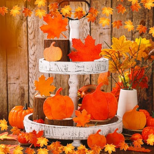 Bencailor 12 Pcs Fall Table Decoration Pumpkin Maple Leaf Tiered Tray Decor