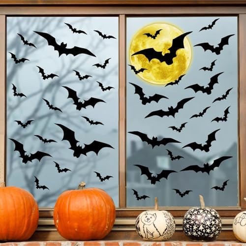 Halloween Moon Wall Decal Vinyl Bat Wall Stickers Clings Black Bats Decor