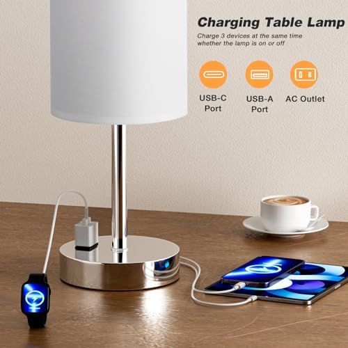 Fenmzee 17.4" White Lamp for Bedroom - Dimmable Touch, USB A+C, AC Outlet