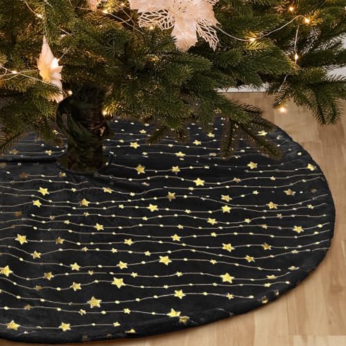Christmas Tree Skirt Velvet Black 48 inch Large Soft Christmas Tree Mat with Gold Star Pattern for Indoor Outdoor Xmas Holiday Party Decoration
