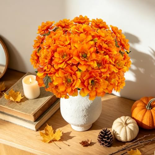 4 Bundles Fall Flowers for Cemetery Artificial Mums for Outdoors