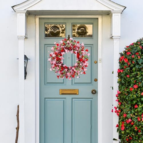 Sggvecsy 20in Valentine's Day Wreath Artificial Pink Red Forsythia Spring Summer Fake Silk Wreath with Heart Berries Green Leaves for Gifts Festival Front Door Window Wall Farmhouse Decor