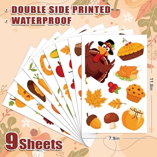 Whaline 9 Sheets Fall Thanksgiving Cartoon Window Cling Stickers Turkey Pumpkin Gnome Window Decals Give Thanks Reusable Glass Decoration for Autumn Harvest Party Home Classroom