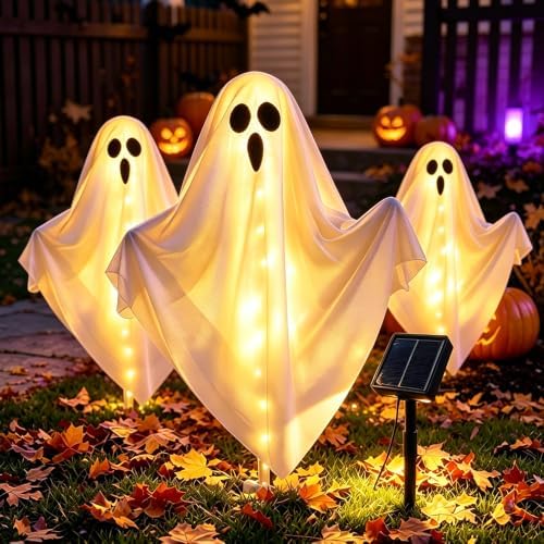 3-Pack & Solar Powered Ghost Halloween Decorations Outdoor, Auto On/Off