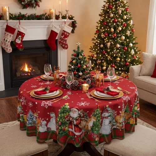 Christmas Tablecloth 70 Inch, Santa Claus & Snowman Water Resistant Round Table Cover, Farmhouse Winter Holiday Table Decor for Xmas Dinner Party Kitchen Home