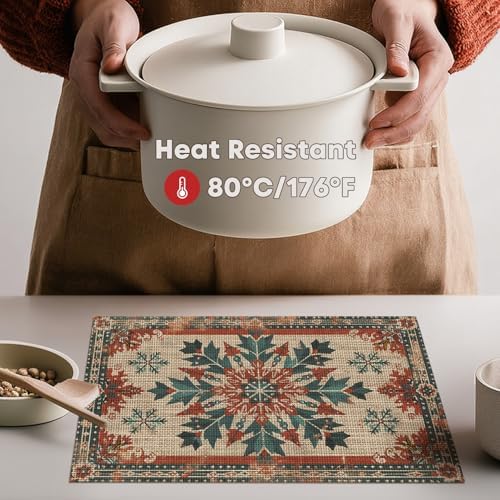 Artoid Mode Snowflakes Ethnic Boho Christmas Placemats Set of 4, Washable Heat Resistant Non-Slip Plastic PVC Place Mats for Farmhouse Holiday Party Dining Decor