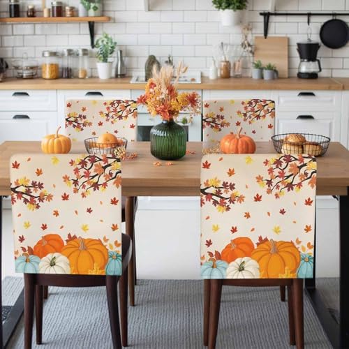 Fall Chair Covers Set of 6 Harvest Pumpkin Chair Slipcover Protector Removable Stretch Chair Covers Autumn Maple Leave Thanksgiving Chair Back Covers for Dining Chairs Kitchen Holiday Party Decor