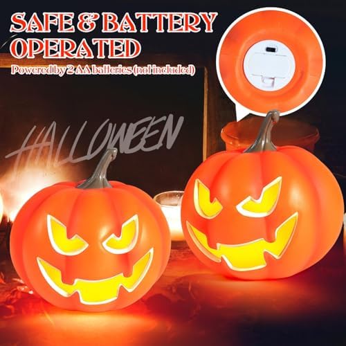 Rocinha 2 Pack Plastic Jack O Lantern Pumpkins Halloween Light up Pumpkin Outdoor Indoor Battery Operated Lighted Pumpkin with Spooky Face Halloween Pumpkins Decorations Party Favor Gifts