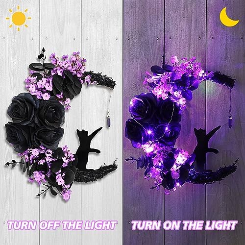 Black Rose Halloween Wreath with Lights, Crescent Moon Cat Wreath