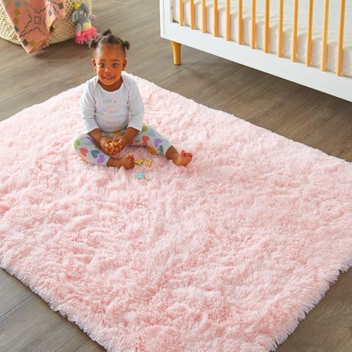 Ophanie Pink Area Rugs for Bedroom Girls, 5x8 Kids Fluffy Fuzzy Furry Shag Carpet, Plush Soft Cute Baby Shaggy Bedside