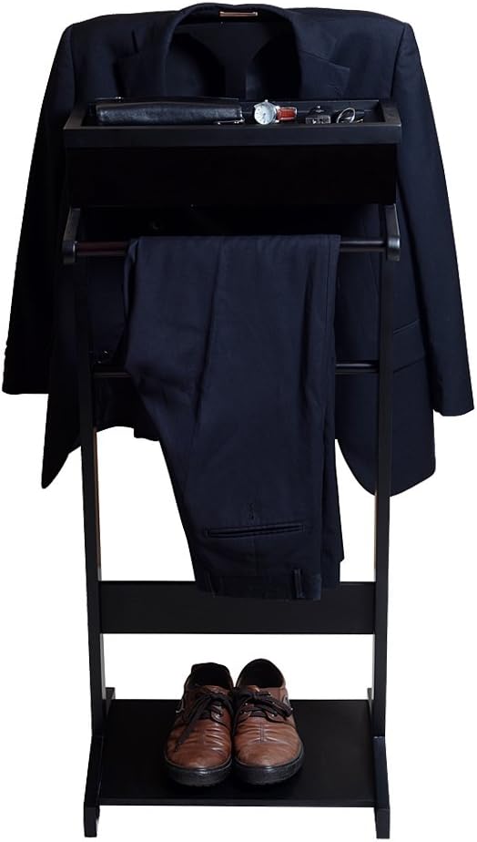 GLSCASA Black Wooden Valet Stand With Small Storage Compartments for Men
