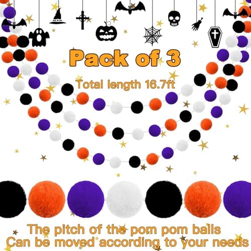 Halloween Pom Pom Garland Halloween Decorations 3pk Orange Purple Black White Felt Ball Garland Cute Hanging Decor for Room Home Office Classroom Wall, Fall Wedding Birthday Party Decorations Supplies
