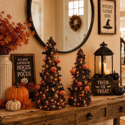 2Pack Lighted Halloween Tabletop Trees with Timer, Pumpkin Bat Decor