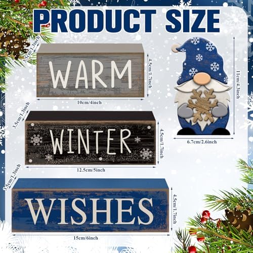 Lineshading 4 Pcs Winter Gnome Wooden Sign Blue Tiered Tray Decor Farmhouse