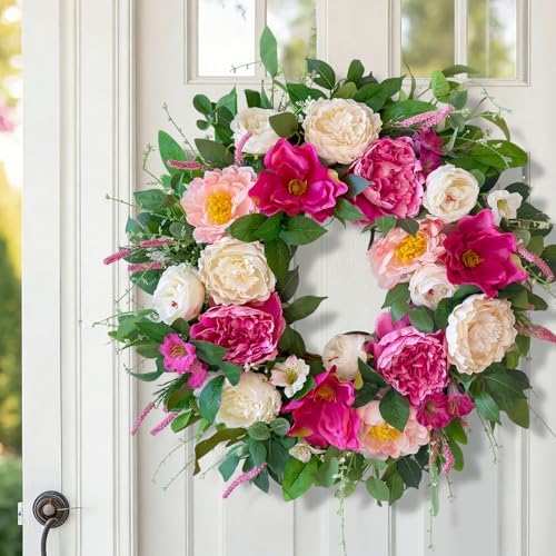 24 Inch Spring Summer Wreaths for Front Door Outside with Peony & Rose