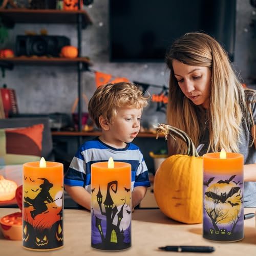 Halloween Flameless Pillar Candles Battery Operated Remote Timer