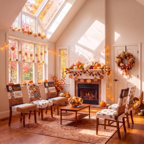 Moukeren 6 Pcs Fall Pumpkin Chair Covers Autumn Farmhouse Dining Slipcovers