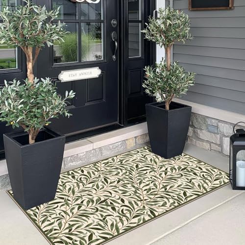Front Door Mat Indoor Entrance - 2x4.3 Sage Green Leaf Runner Rug