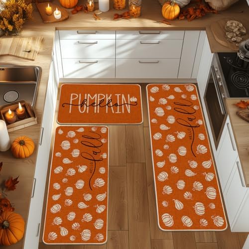 Artoid Mode Orange Fall Kitchen Mats Set of 3-24"x35"+24"x59"+24"x72"