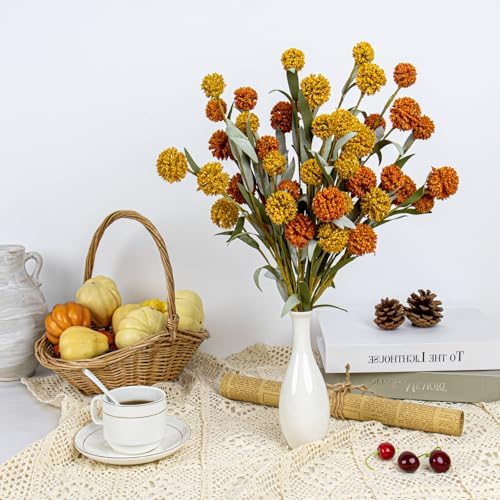Yawwind 6 PCs Artifical Fall Flowers 17 Inches Fall Floral Picks Faux Autumn Branches with Craspedia Billy Balls Flowers for Vase Table Centerpieces Living Room Indoors Decor (Orange and Yellow)