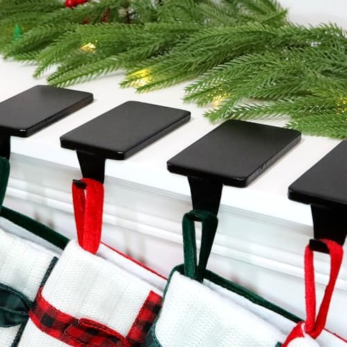 HMASYO Christmas Stocking Holders for Mantle Set of 6, Black Heavy Duty Iron Stocking Hangers Base, Low Profile Weighted Stocking Holder Hooks for Fireplace Tabletop Shelf Christmas Decoration