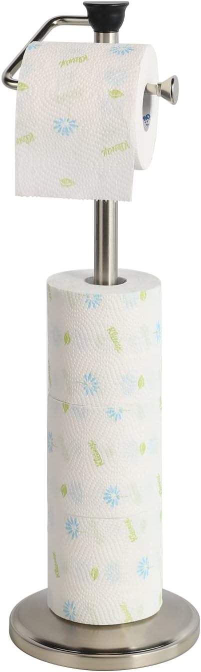 Toilet Paper Holder with Storage - Free Standing Tissue Dispenser - Nickel Finish - Holds up to 5 Mega Rolls - No Tools