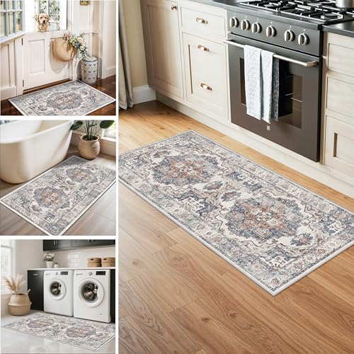 Washable Kitchen Rug Set of 3: Boho Non-slip Soft Stove Sink Mat Light Weight Stain Resistant Carpet for Dog Bowl Area