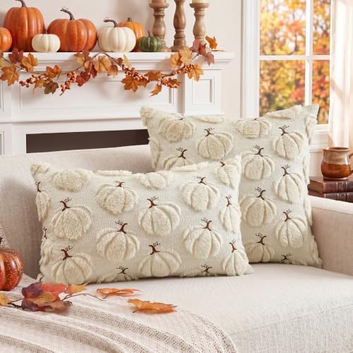 Artscope Pumpkin Fall Throw Pillow Covers 18x18 Set of 2, Autumn Soft Plush Faux Fur Decoration Cushion Covers for Thanksgiving Holiday Couch Sofa Bedroom Home Decor-Beige