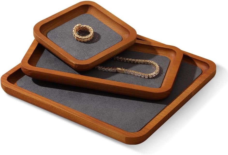 Wooden Jewelry Display Tray Rounded Rectangle Ring Showcase / Gray / Large-w 7'' x H 0.6'' x L 7.9
