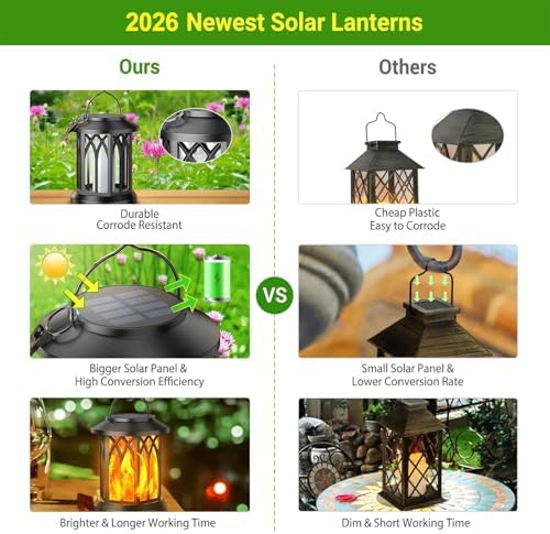 KOOPER 6 Pack Solar Lantern Outdoor Lights, Upgraded Flickering Flame Solar Lanterns Outdoor Waterproof, Auto ON/OFF Lanterns Decorative Outdoor, Hanging Lantern for Yard Patio Lawn Table Garden Decor
