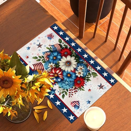 Memorial Day Patriotic 4th of July Placemats Set of 4,Red White and Blue Flowers Table Decor Veterans Day Independence Day Decorations and Supplies for Home Kitchen Table-12×18''